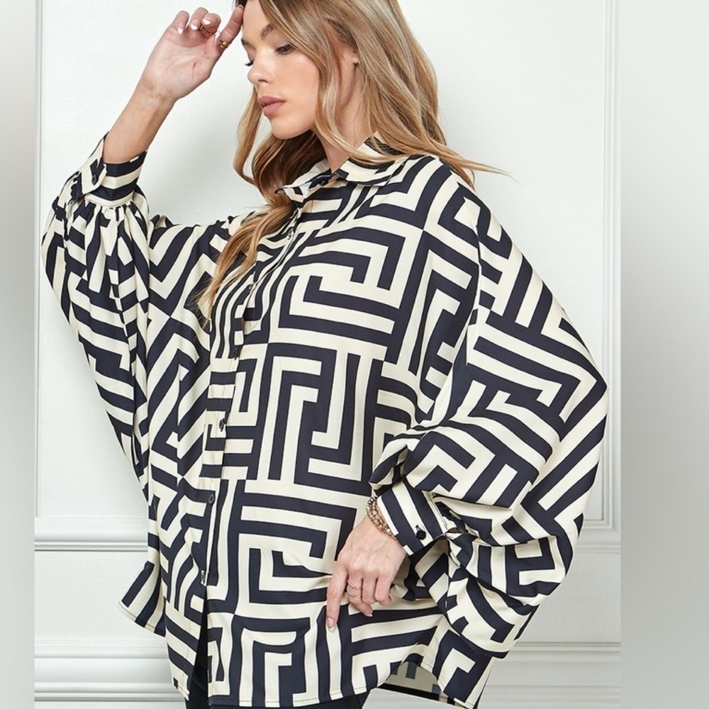 Alamia Black & Ivory Geometric Poet Long Sleeve Blouse, size Med - Picture 4 of 11
